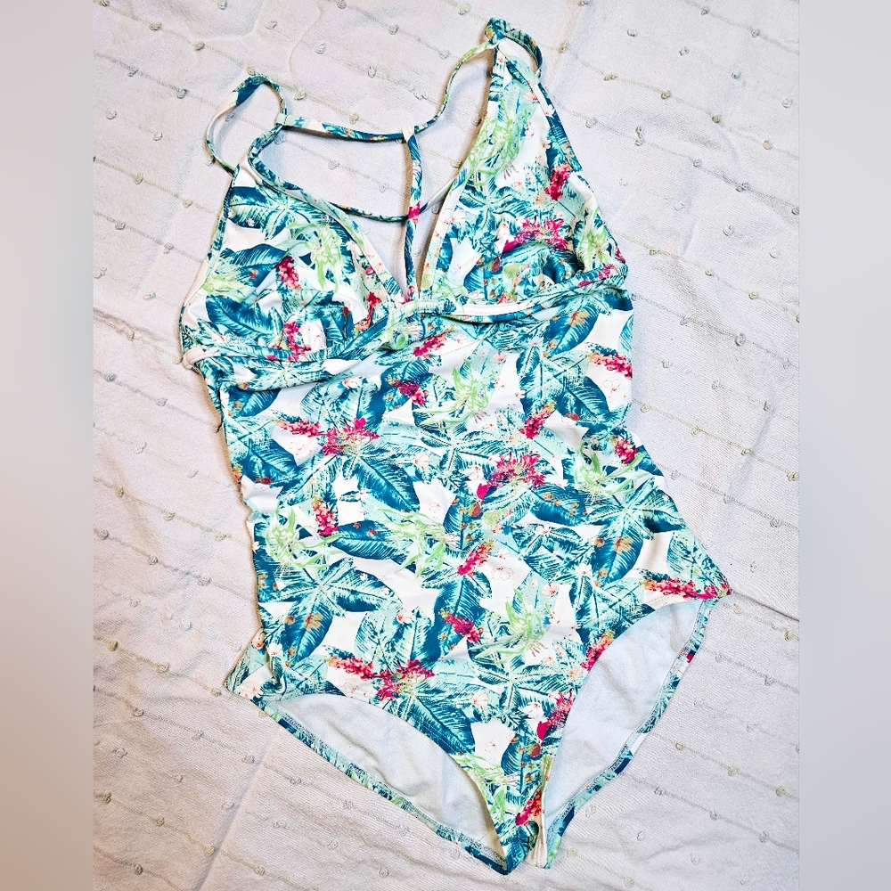 Tropical Leaf One-Piece Swimsuit - Teal & White